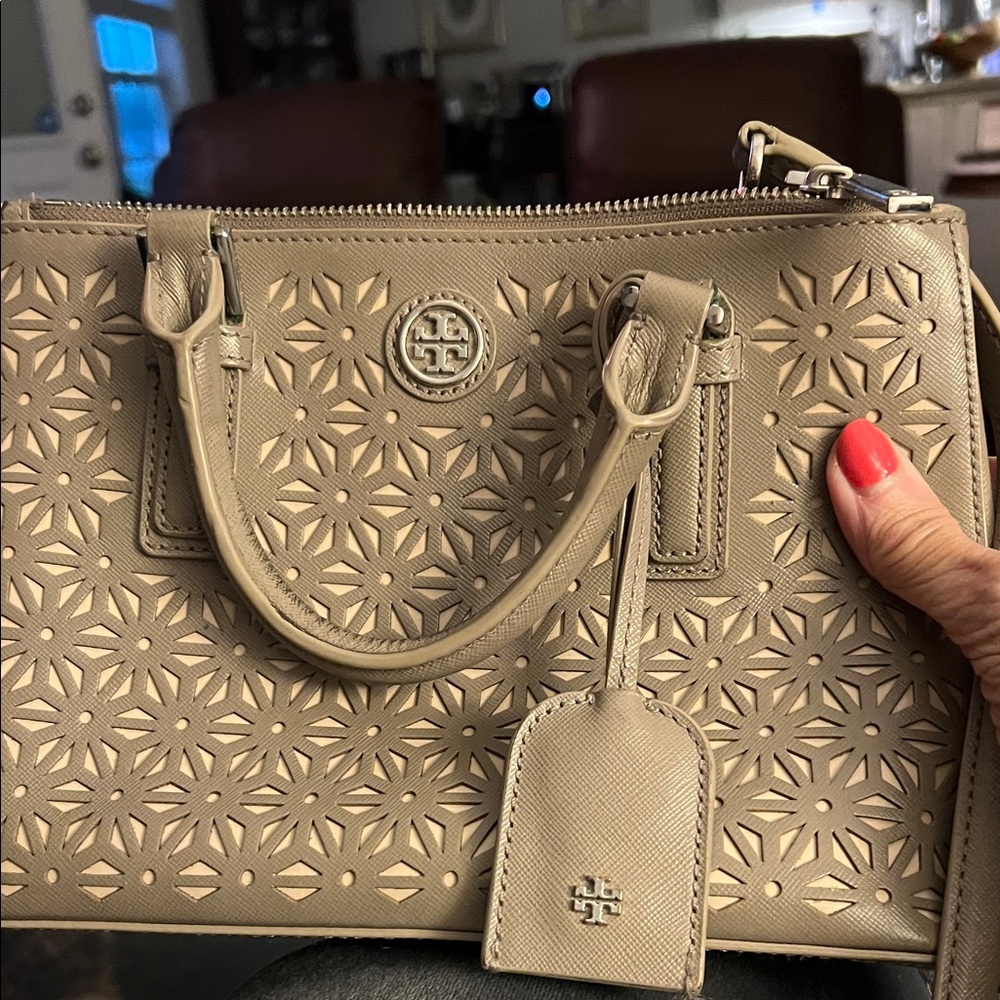 Tory Burch Taupe Perforated Leather Satchel